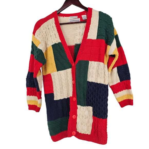 VTG Westbound Patchwork Hand Knit Long Cardigan PS Chunky 80s Cottagecore - Picture 1 of 10